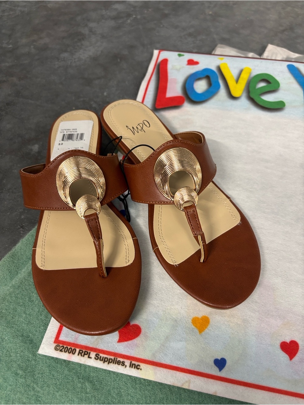 NWT IMPO Ronette Brown Faux Leather Thong Sandals with Gold Accent Cork Heel 8M